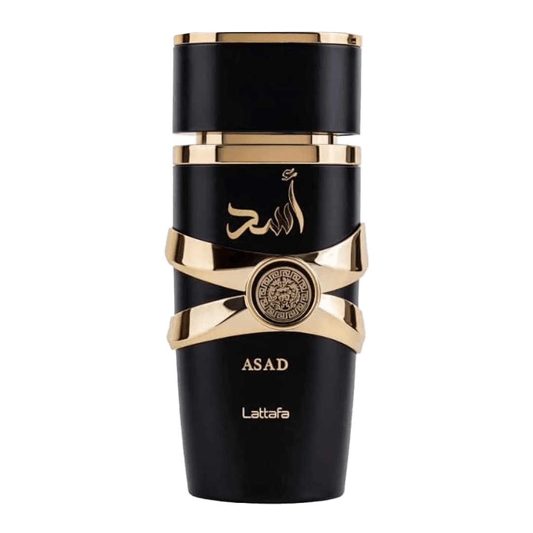 Frasco do perfume Lattafa Asad 100ml em vidro escuro com detalhes dourados
