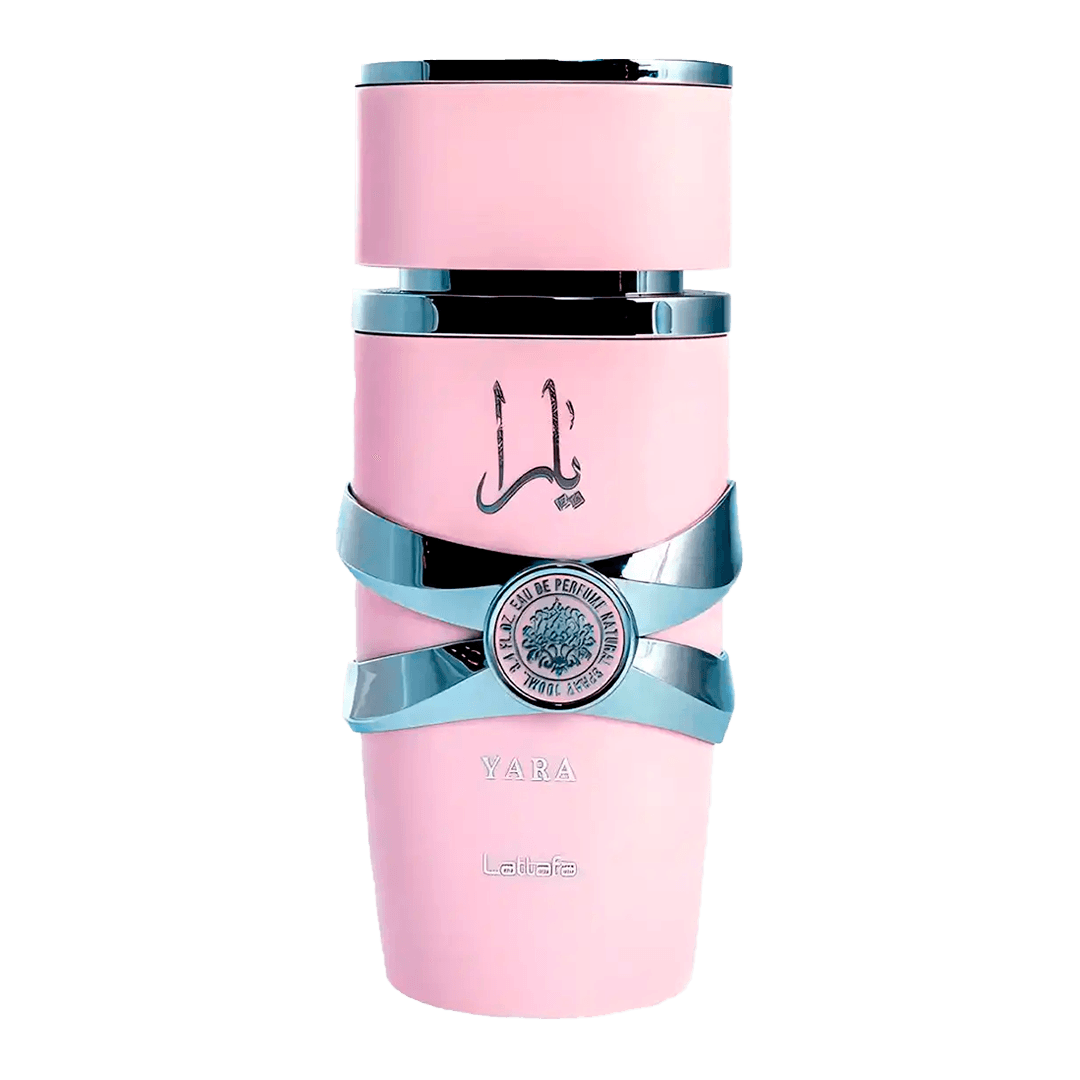 Frasco do perfume Lattafa Yara 100ml em vidro rosé com tampa dourada