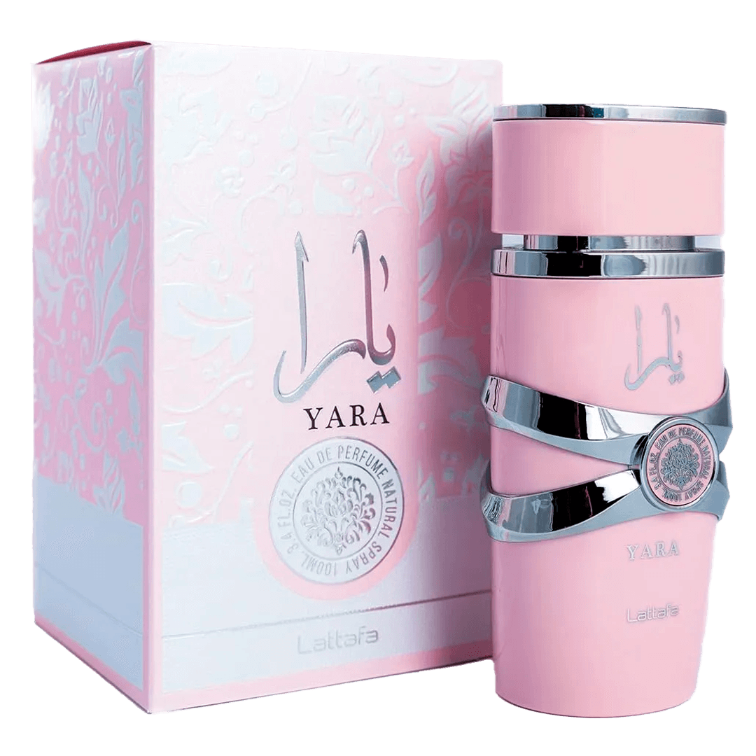 Frasco do perfume Lattafa Yara 100ml em vidro rosé com tampa dourada